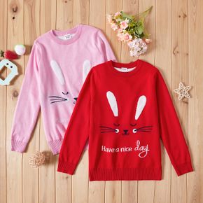 Kid Girl Letter Rabbit Pattern Fitted Knit Pullover